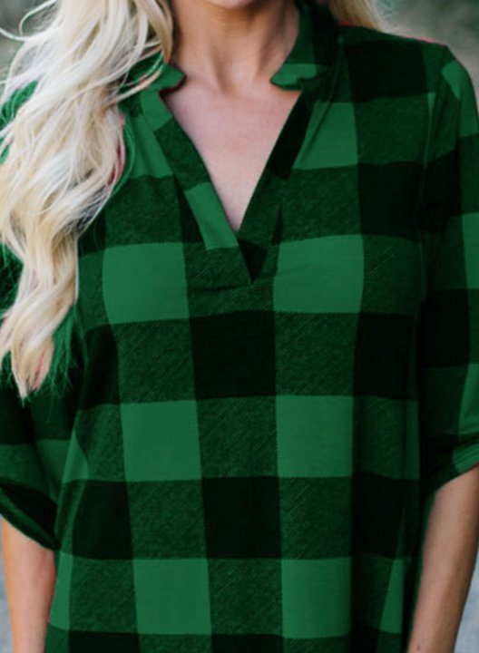 Women's Plaid V Neck Long Sleeve Shirts Casual Loose Blouse Tops