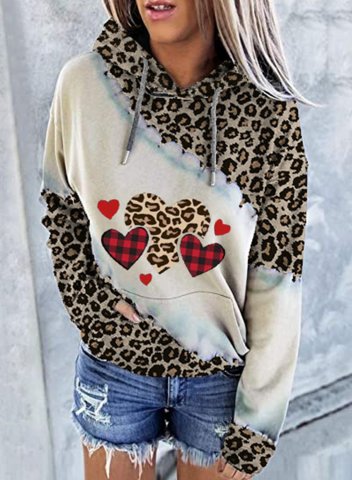 Women's Hoodies Leopard Heart-shaped Plaid Long Sleeve Casual Pocket Hoodie