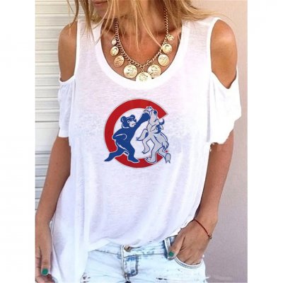 Round Neck Chicago Cubs Print Off-shoulder Short-sleeved Loose T-shirt