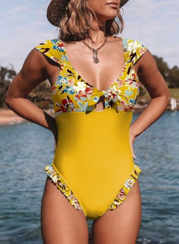 Women's One Piece Swimwear Ruffle Knot Color Block Floral U Neck One-Piece Swimsuit