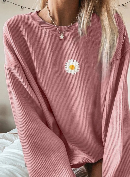 Solid Round Neck Little Daisy Long Sleeve Sweatshirt