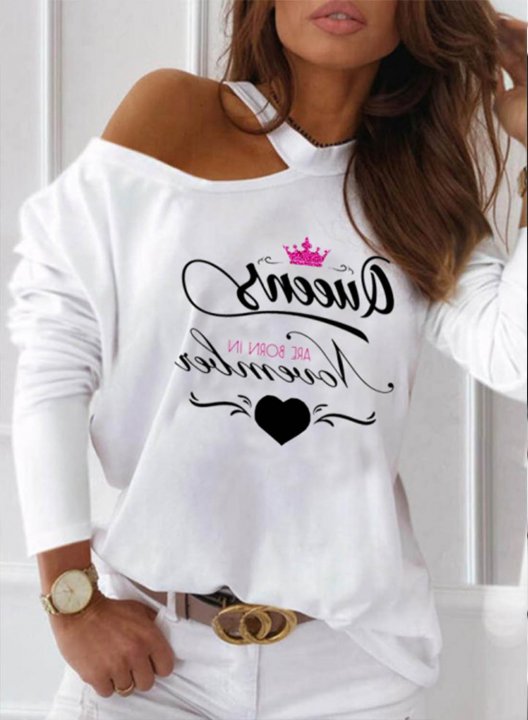 Women's Sweatshirt Graphic Letter Heart Print Long Sleeve Round Neck Cold Shoulder Pullover