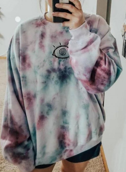 Women's Tie Dye Sweatshirts Color Block Eye Print Long Sleeve Round Neck Casual Sweatshirt