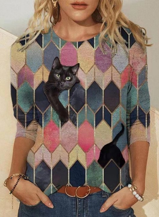 Women's T-shirts Cat Print Color Block Long Sleeve Round Neck Casual T-shirt