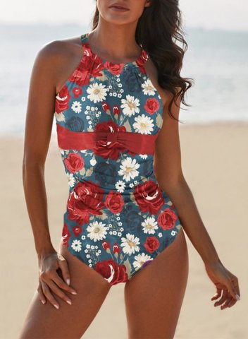 Women's One Piece Swimwear Floral Halter Vintage Twisted One-Piece Swimsuits One-Piece Bathing Suits