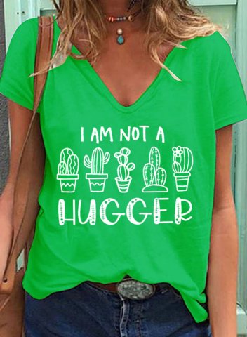 Women's I'm Not A Hugger Cactus T-shirts Letter Clover Print Short Sleeve V Neck Daily T-shirt