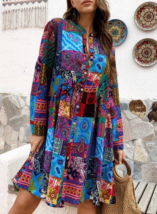 Women's Mini Dresses Color Block Boho Vintage Dress