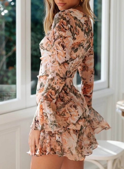 Women's Dress Floral Ruffle Bodycon Round Neck Long Sleeve Spring Elegant Date Mini Dress