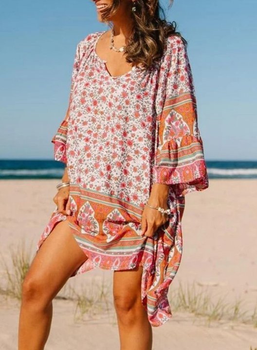 Women's Mini Dress Tribal Floral Fit & Flare 3/4 Sleeve V Neck Casual Beach Mini Dress