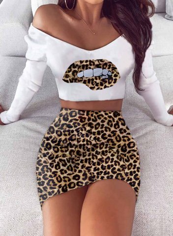 Women's Two-Piece Dresses Cropped Leopard Long Sleeve V Neck Daily Mini Two-Piece Dress