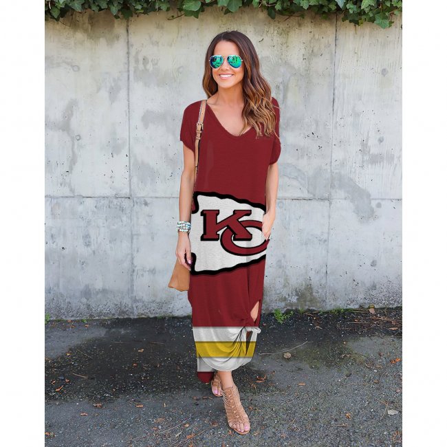 V-neck Kansas City Chiefs Print Short Sleeve Loose Long Dress