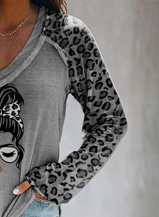 Women's T-shirts Leopard Portrait Print Long Sleeve V Neck Daily T-shirt