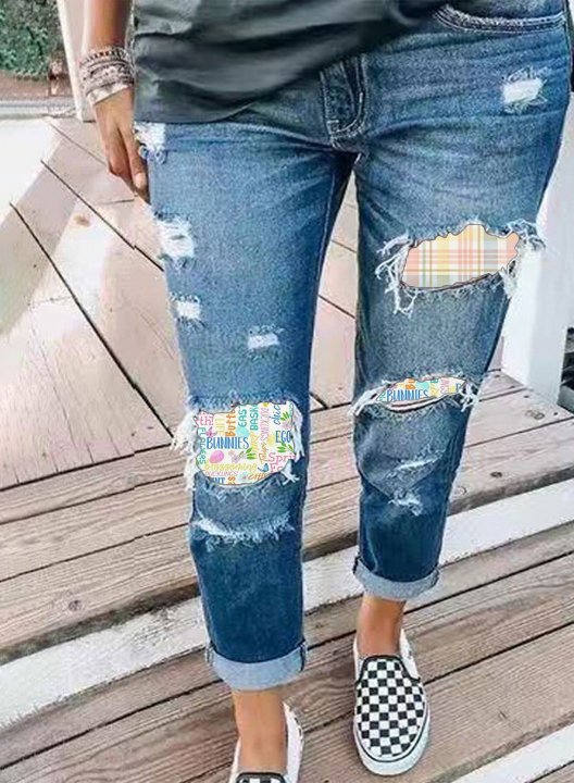 Women's Jeans Mid Waist Cut-out Slim Letter Ankle-length Casual Jeans