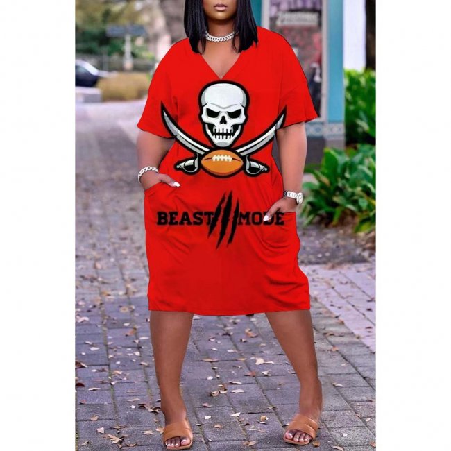 Tampa Bay Buccaneers Print Fashion Casual V Neck Short Sleeve Dress