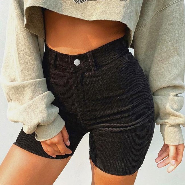 Women's Fashion Solid Pockets Button Black Shorts Pants