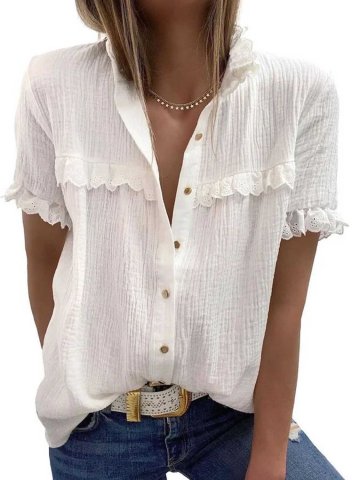Women's Blouses Solid Short Sleeve Turn Down Collar Ruffle Button Blouse