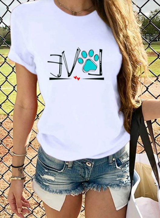 Women's T-shirts Letter Paw Heart Print Solid Round Neck Short Sleeve Daily Casual T-shirts