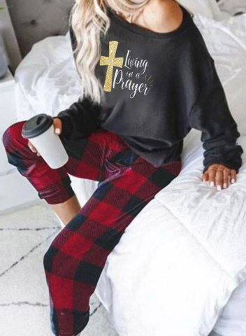 Women's Loungewear Sets Plaid Color Block One shoulder Long Sleeve Full Length Daily Casual Two-piece Set