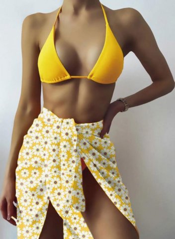 Women's Bikinis Set Solid Floral Halter Vacation Bikini With Skirts Bathing Suits