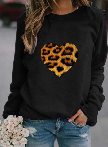 Women's Leopard Heart Print Sweatshirt Casual Solid Round Neck Long Sleeve Daily Pullovers