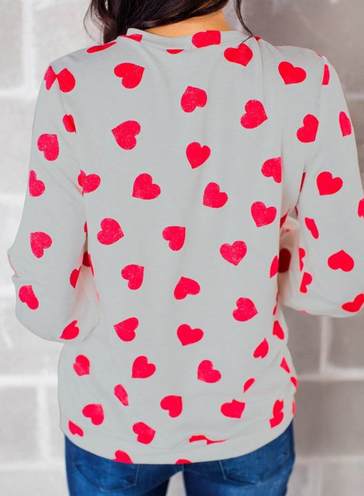 Women's Sweatshirts Color Block Heart-shaped Print Long Sleeve Round Neck Casual Sweatshirt