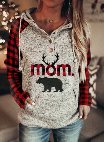 Mom Bear Print Women's Hoodies Drawstring Long Sleeve Color Block Plaid Letter Casual Hoodies With Pockets