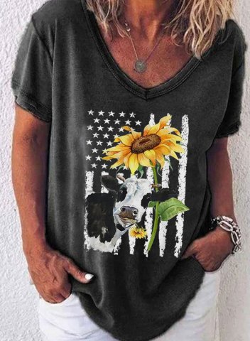 Women's T-shirts Sunflower American Flag Print Short Sleeve V Neck Casual Daily T-shirts