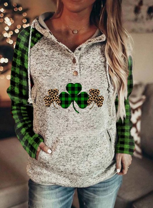 Women's Clover Print Hoodies Plaid Color-block Long Sleeve Zip Button Drawstring Hoodie