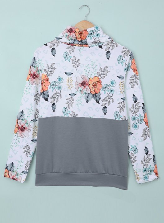 Color Block Long Sleeve High Neck Floral Sweatshirt