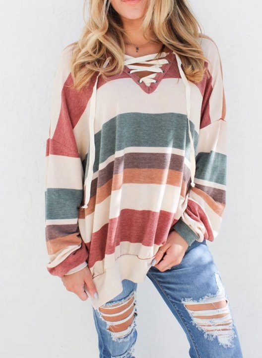 Striped Long Sleeve V Neck Criss Cross Tunic Sweatshirt