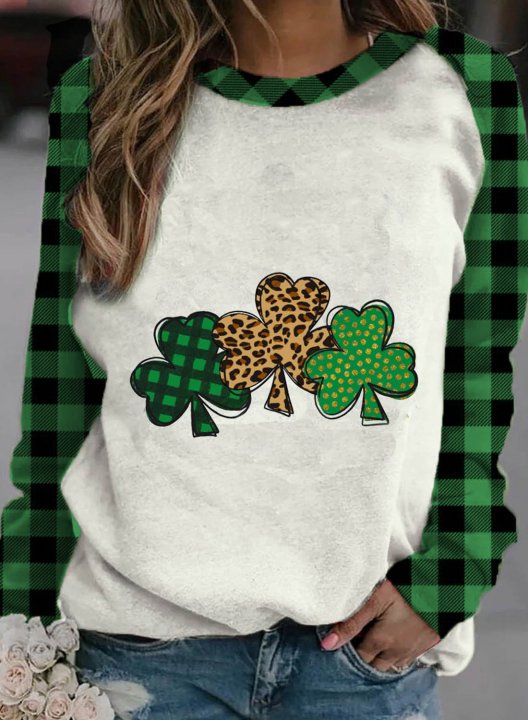 Women's St Patrick's Day Sweatshirt Casual Plaid Shamrock Color Block Round Neck Long Sleeve Daily Pullovers