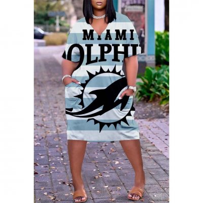 Miami Dolphins Print Fashion Casual V Neck Short Sleeve Dress