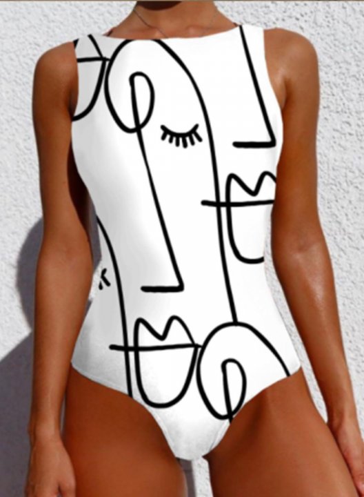 Women's One Piece Swimwear Geometric Round Neck Vintage Sporty One-Piece Swimsuits One-Piece Bathing Suits