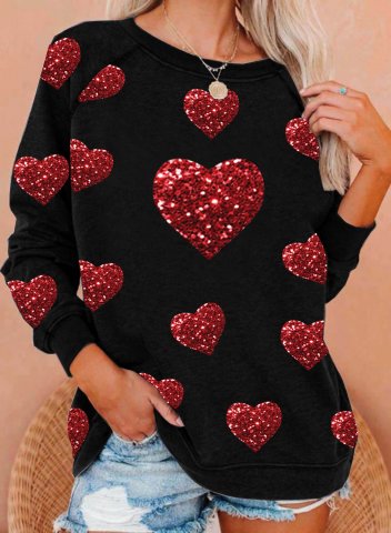 Women's Sweatshirts Heart-shaped Print Sequins Long Sleeve Round Neck Sweatshirt