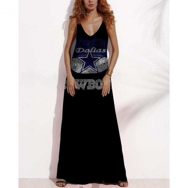 Women's Summer DALLAS COWBOYS Fan Print V-neck Sleeveless Loose Long A-line Dress