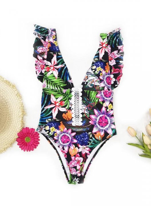 Women's One Piece Swimwear Floral Ruffle Knot V Neck One-Piece Swimsuit