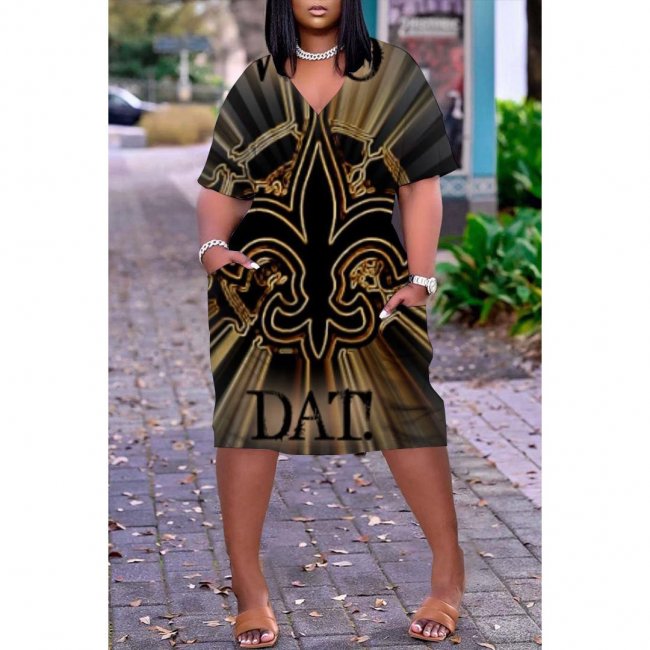 Women's New Orleans Saints Printed V-neck Casual Pocket Dress