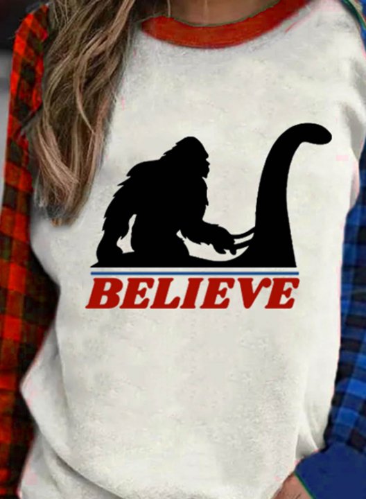 Women's T-shirts Plaid Funny Believe Bigfoot Color Block Round Neck Long Sleeve Daily Casual T-shirts