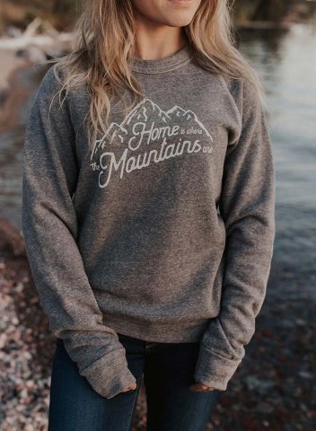 Women's Home Mountains Print Sweatshirts Letter Print Long Sleeve Round Neck Daily Casual Sweatshirt