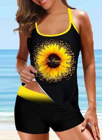 Women's Tankini Sets Sunflower Floral Print U Neck Criss Cross Halter Back Tankini Top With Swim Boardshorts Bottom