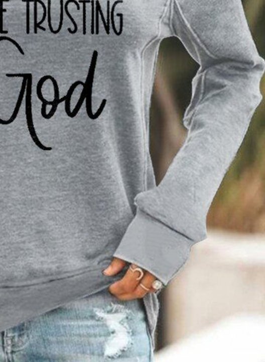 Women's I'm Just Out Here Trusting God Slogan Sweatshirt Solid Letter Long Sleeve Round Neck Casual Daily T-shirt