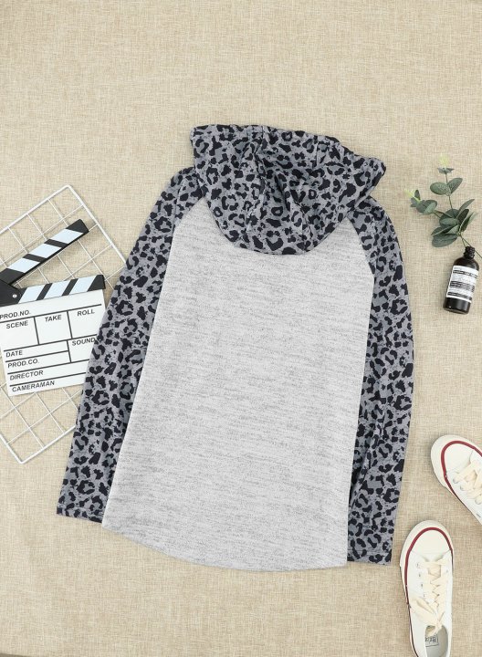 Color Block Leopard Long Sleeves Hoodie