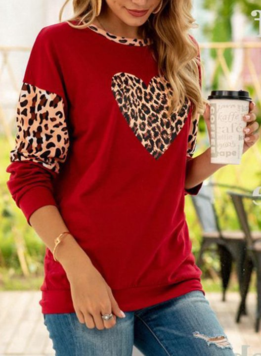 Women's Leopard Heart Sweatshirts Long Sleeve Round Neck Casual Sweatshirt