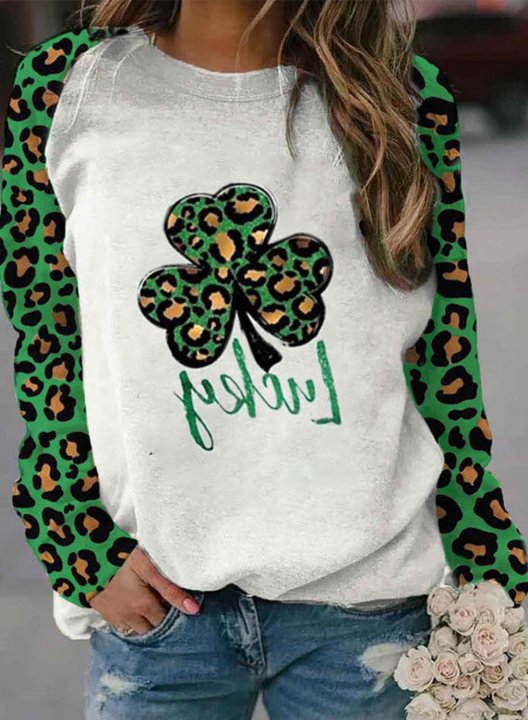 Women's St Patrick's Day Sweatshirts Leopard Lucky Clover Print Long Sleeve Round Neck Sweatshirt