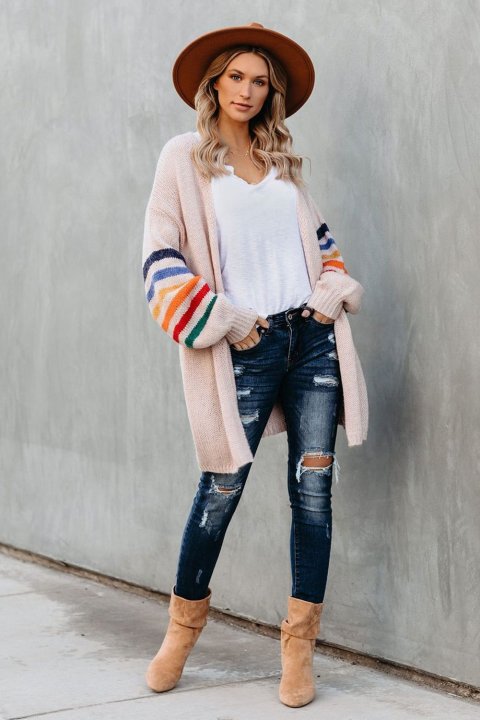 Women's Cardigans Striped Balloon Sleeve Cardigan