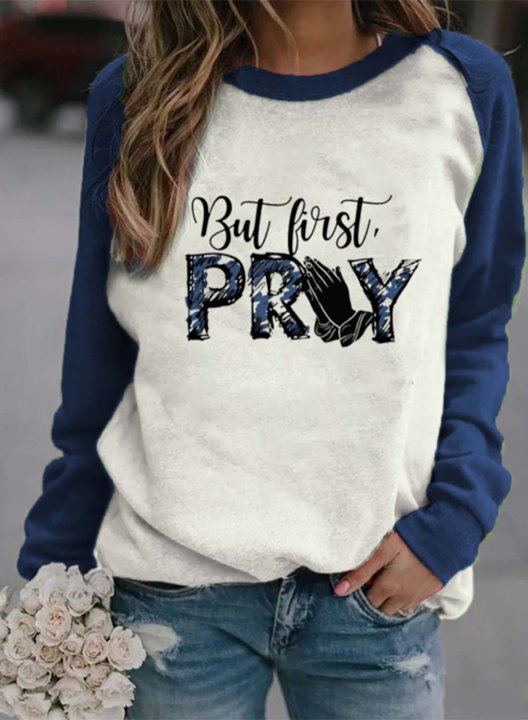 Women's Sweatshirts Letter But First Pray Color Block Round Neck Long Sleeve Casual Basic Sweatshirts