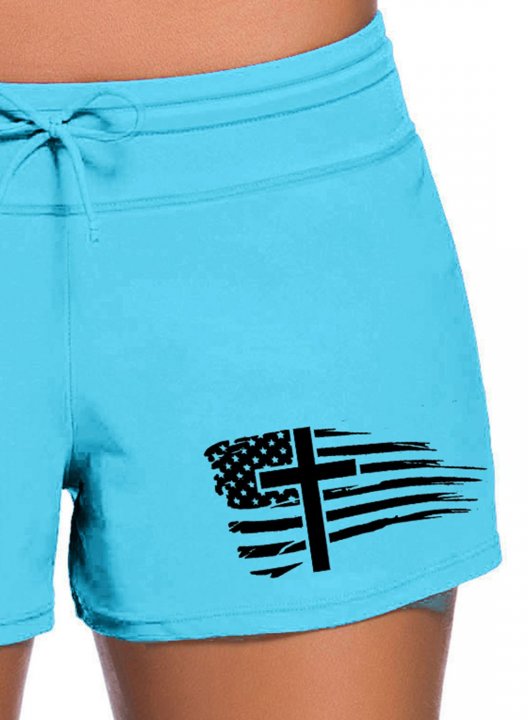 Women's Swim Shorts Mid Waist Flag Festival Knot Drawstring Swim Shorts