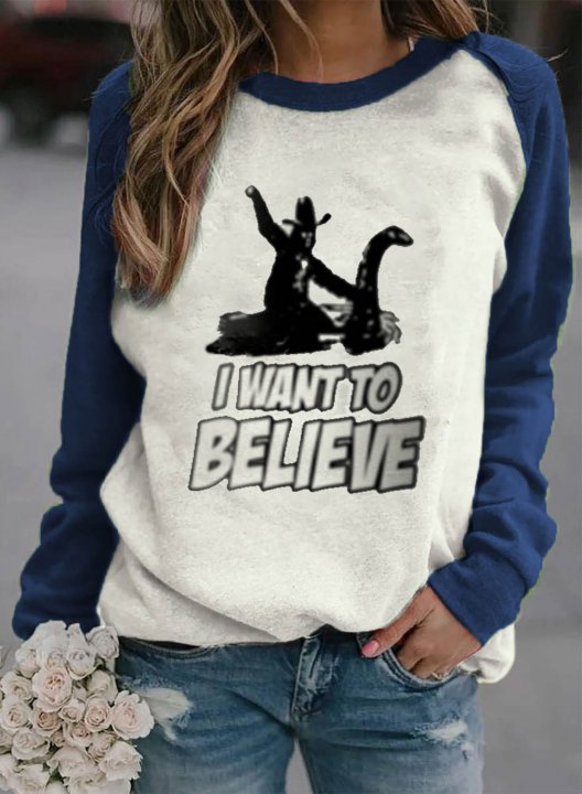 Women's T-shirts Funny I Want To Believe Bigfoot Color Block Round Neck Long Sleeve Daily Casual T-shirts