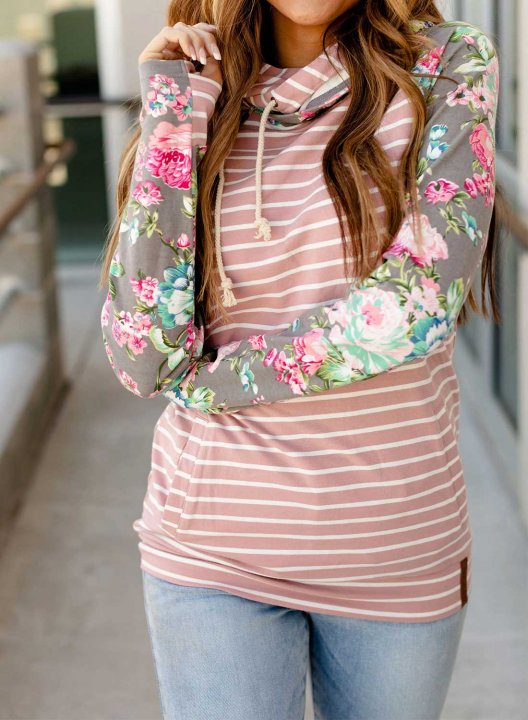 Women Floral Strioed Long Sleeve Hooded Top