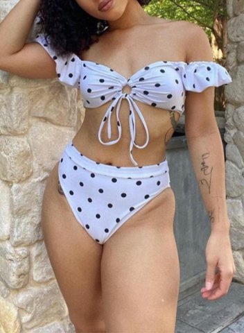 Women's Bikinis Knot Off Shoulder Solid Polka Dot Short Sleeve Unadjustable Mid Waist Two-piece Bikini Sets